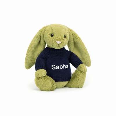 Jellycat Bashful Moss Bunny with Navy Jumper Australia | 862195LSY